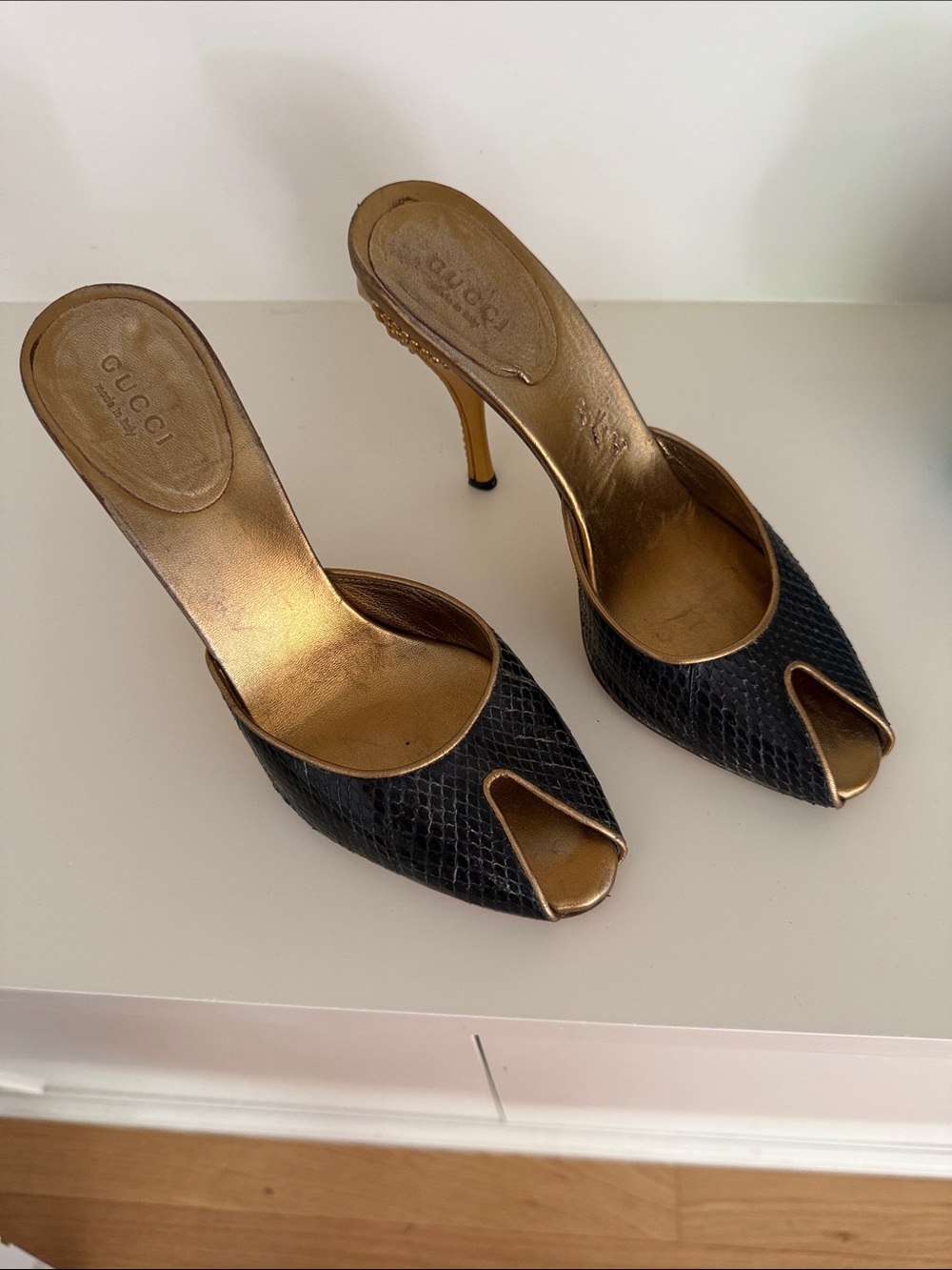 Gucci Black Snakeskin Peep-Toe Mules with Gold Insole and Heel
